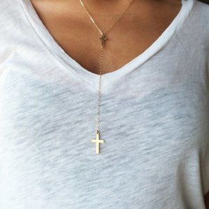 Lexi Lu signed stamped gold plated lariat y-shaped double cross necklace